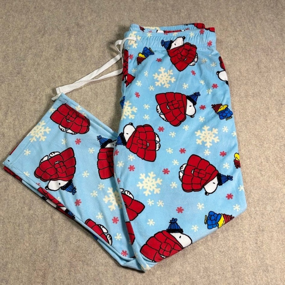 Peanuts Pajama Pants Wmns Medium Blue Fleece Snoopy Holiday Christmas Sleepwear
